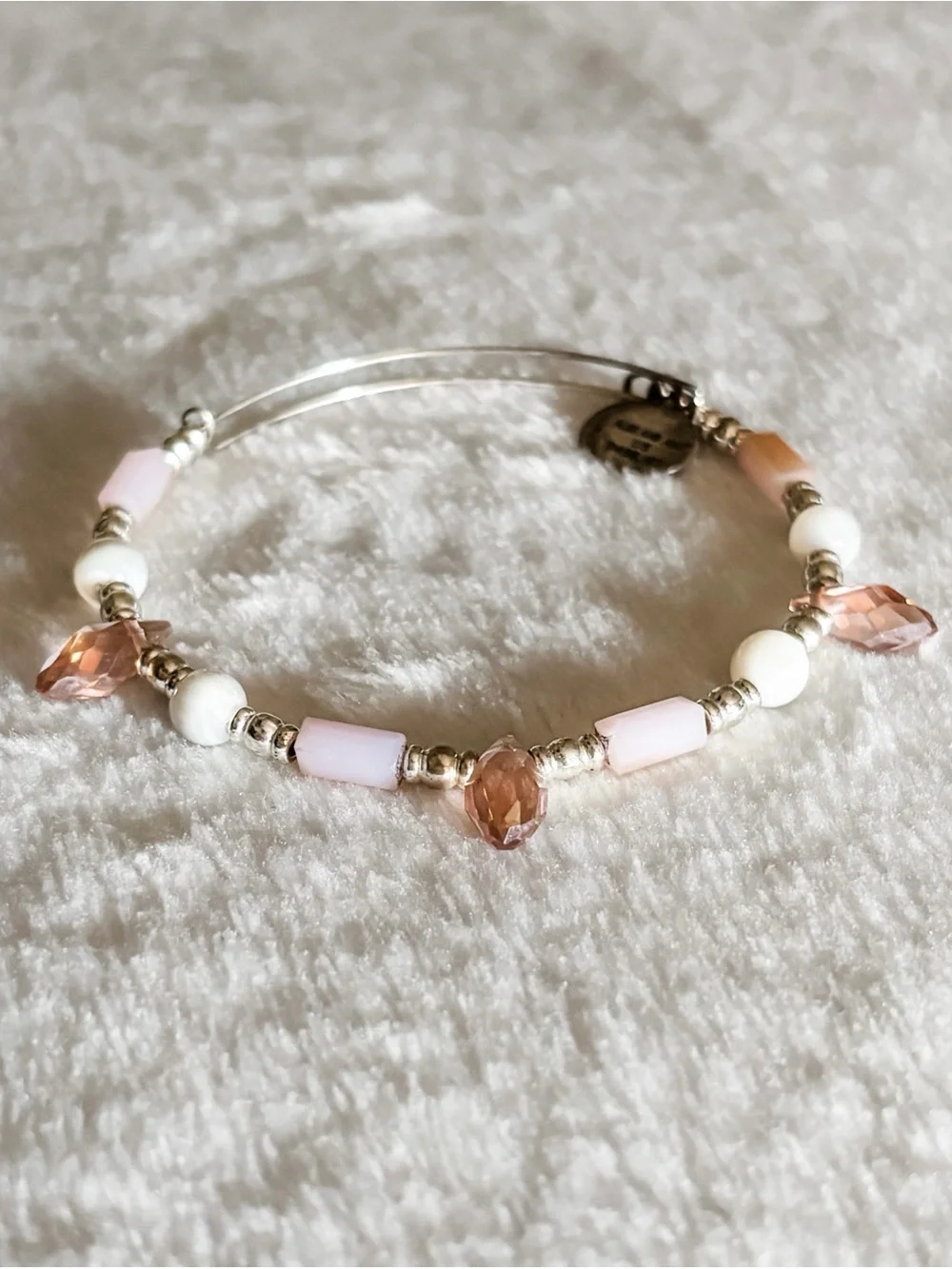 Alex and Ani Light Pink Crystal & White Beaded Bangle Bracelet - Silver